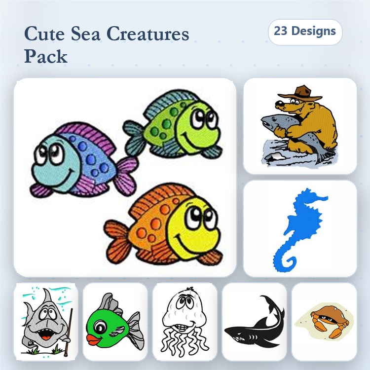 Cute Sea Creatures Embroidery Bundle – Colorful Fish, Seahorse, Cartoon Octopus & More (23 Designs)