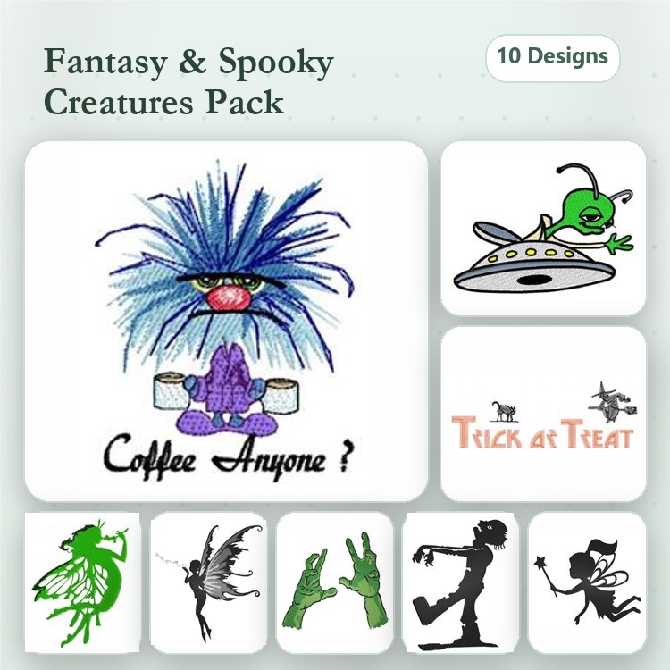 Fantasy & Spooky Creatures Embroidery Designs Bundle – Blue Monster, Alien, Fairy, Zombie & More (10 Designs)