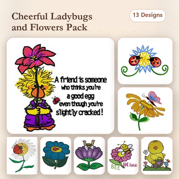 Ladybugs & Flowers Embroidery Designs Bundle – Cheerful Ladybug, Friendly Flower Character, Baby Chick & More (13 Designs)