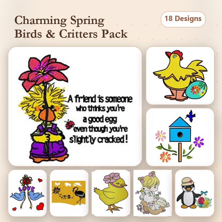 Spring-Themed Birds & Critters Embroidery Designs Bundle – Flower Girl, Chickadee, Duckling & More (18 Designs)
