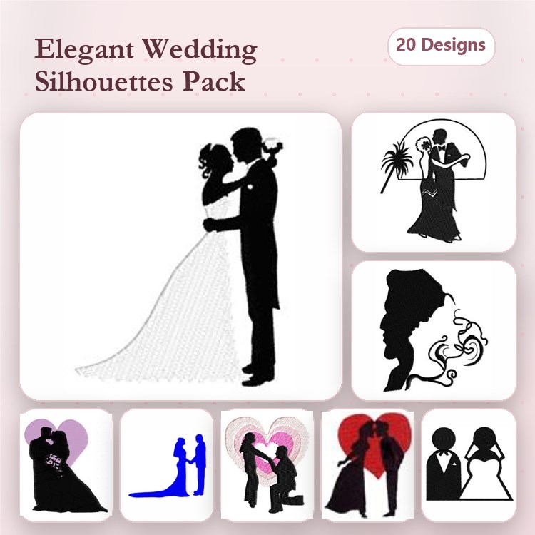 Wedding Silhouettes Embroidery Designs Bundle – Bride and Groom, Couple Dancing, Kissing Couple & More (20 Designs)