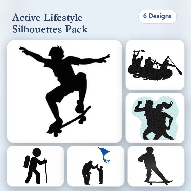 Active Lifestyle Silhouettes Embroidery Designs Bundle – Skateboarder, Kayaker, Martial Artist & More (6 Designs)