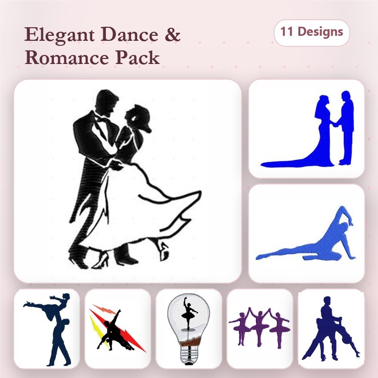 Dance and Romance Embroidery Designs Bundle – Couple Dancing, Silhouette Couple Holding Hands, Dancer in Pose & More (11 Designs)