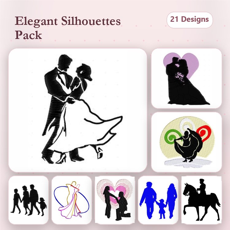 Elegant Couples & Family Embroidery Designs Bundle – Dancing & Kissing Couples, Family Silhouette & More (21 Designs)