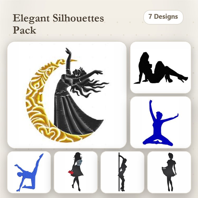 Elegant Dancer Silhouettes Embroidery Designs Bundle – Dancing Figure with Moon, Silhouette in Tutu & More (7 Designs)
