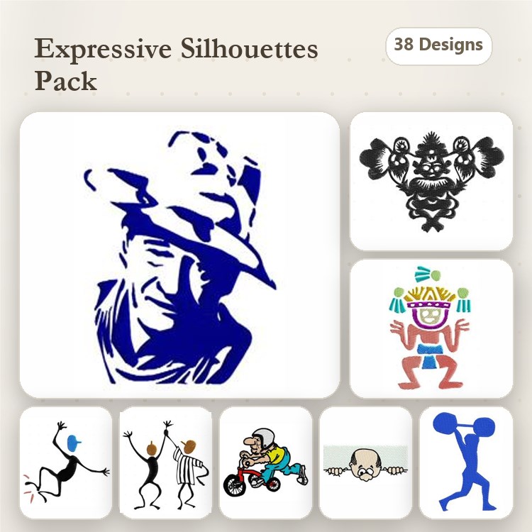 Expressive Silhouettes Embroidery Designs Bundle – Man with Hat, Jazz Musician, Dancer & More (38 Designs)