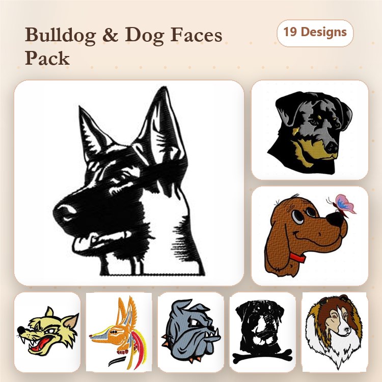 Dog Breed Embroidery Bundle – Coyote, Retriever, Bulldog & More (19 Designs)