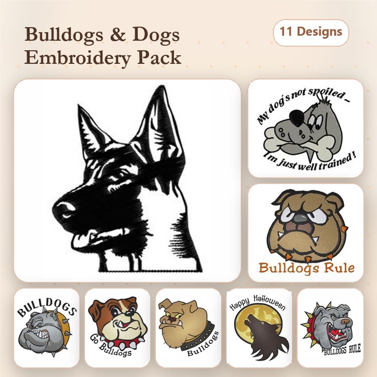 Bulldog & Cocker Spaniel Embroidery Bundle – Dog Faces and More (11 Designs)