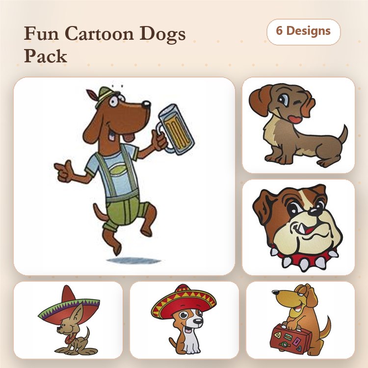 Dachshund & Bulldog Embroidery Bundle – Fun Dog Characters (6 Designs)