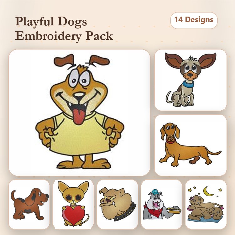 Dog Embroidery Bundle – Cute Breeds and Fun Designs (14 Designs)
