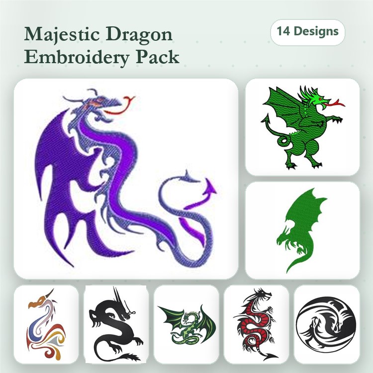 Dragons Embroidery Designs Bundle – Purple Dragon, Green Dragon, Fire Breathing Dragon & More (14 Designs)