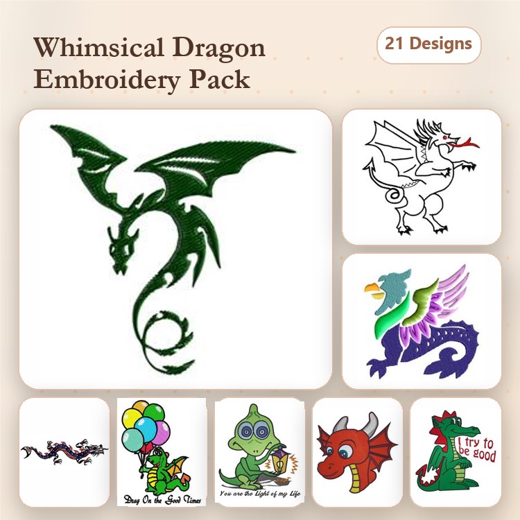 Flying Dragon Embroidery Designs Bundle – Dragon with Balloon, Dragon with Glasses, Green Dragon & More (21 Designs)