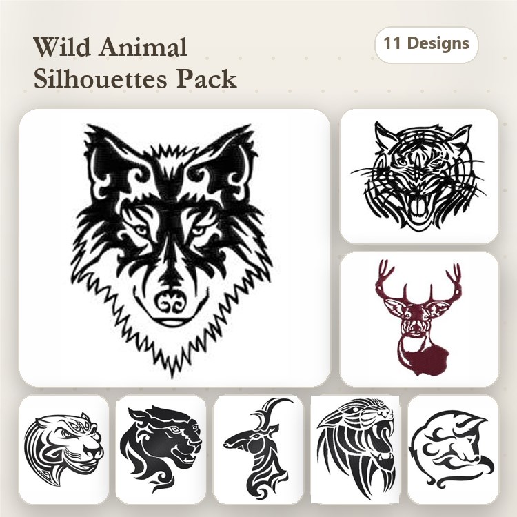 Wild Animal Embroidery Designs Bundle – Wolf, Tiger, Deer, Lion & More (11 Designs)