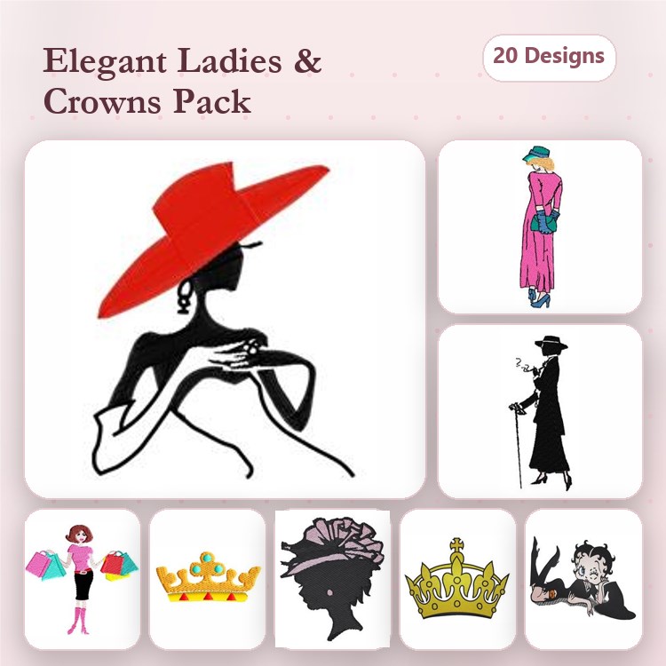 Elegant Ladies Embroidery Designs Bundle – Lady with Red Hat, Fashionable Woman in Pink, Lady with Umbrella & More (20 Designs)