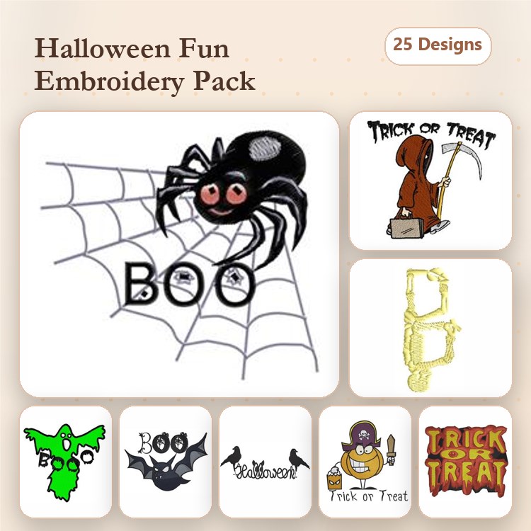 Halloween Embroidery Designs Bundle – Spider on Web, Ghost, Pumpkin & More (25 Designs)