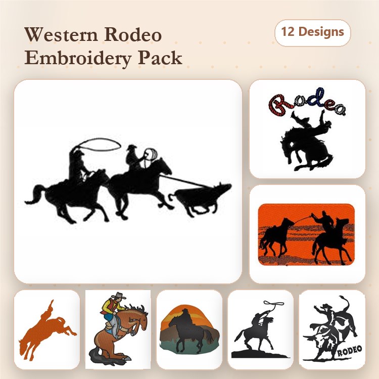 Western Rodeo Embroidery Designs Bundle – Rodeo Cowboys, Buckin' Bronco, Horse Rider & More (12 Designs)