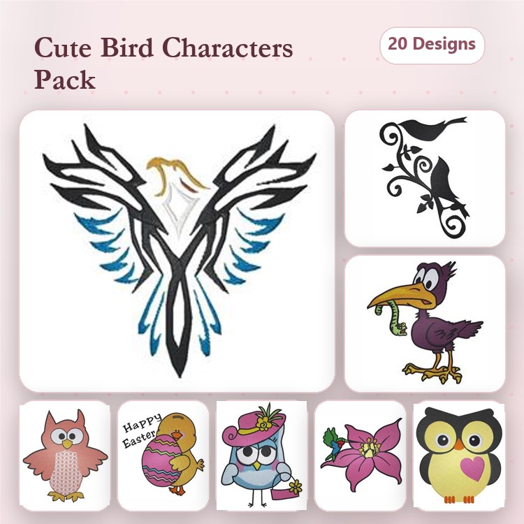 Cute Bird Characters Embroidery Bundle – Phoenix Bird, Owl with Glasses, Colorful Bird with Snack & More (20 Designs)