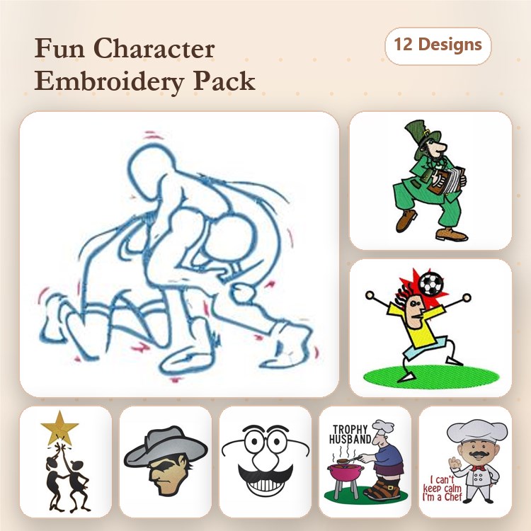 Fun Character Embroidery Designs Bundle – Wrestler, Leprechaun, Soccer Player & More (12 Designs)