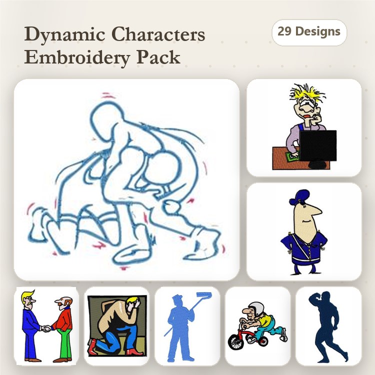 Dynamic Characters Embroidery Designs Bundle – Wrestler, Businessman, Police Officer & More (29 Designs)