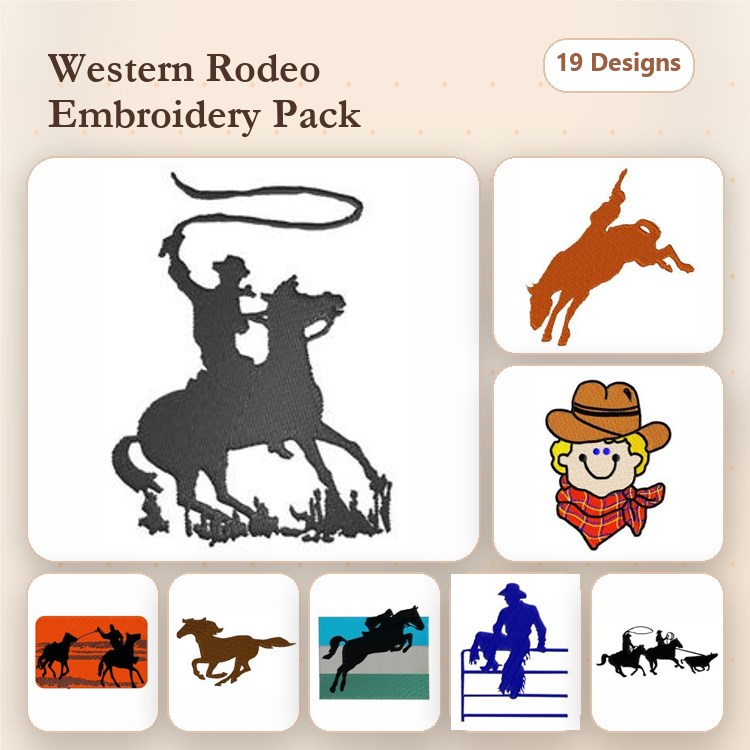 Western Rodeo Embroidery Designs Bundle – Cowboy on Horse, Rodeo Rider, Roping Cowboy & More (19 Designs)