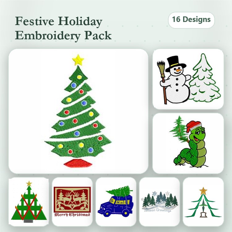Festive Holiday Embroidery Designs Bundle – Christmas Tree, Snowman, Caterpillar & More (16 Designs)