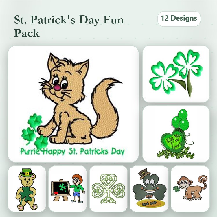 St. Patrick's Day Embroidery Designs Bundle – Cat with Shamrock, Leprechaun, Happy St. Patrick's Day Text & More (12 Designs)