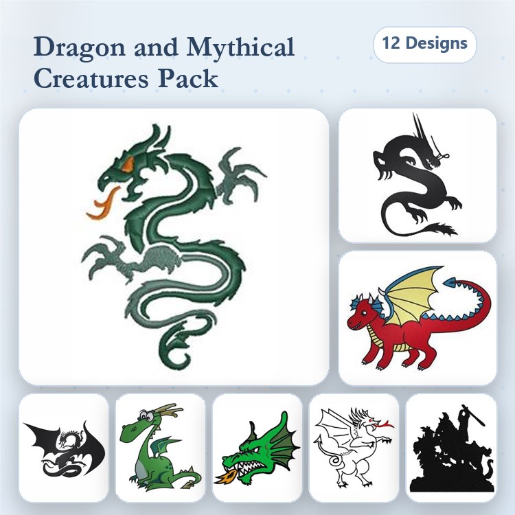 Dragons & Mythical Creatures Embroidery Designs Bundle – Green Dragon, Fire-Breathing Dragon, Dragon with Scroll & More (12 Designs)