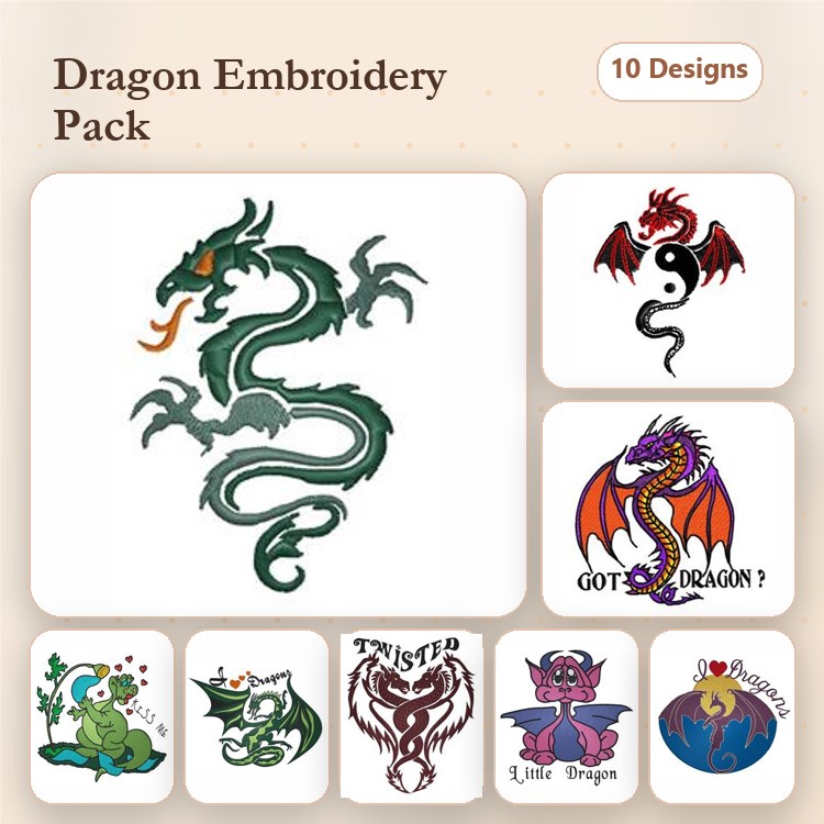 Dragon Embroidery Designs Bundle – Dragon with Flames, Dragon with Crown, & More (10 Designs)