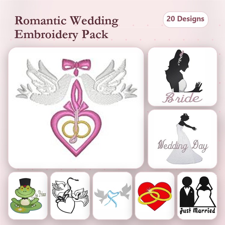 Wedding Embroidery Bundle – Doves with Heart, Bride Silhouette, Wedding Rings & More (20 Designs)