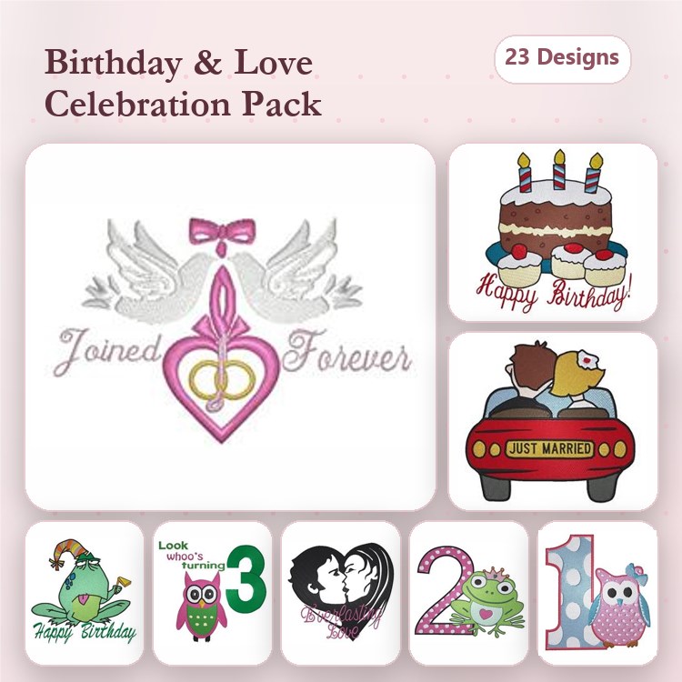 Birthday & Love Embroidery Designs Bundle – Joined Forever, Happy Birthday, Lovebirds in Car & More (23 Designs)