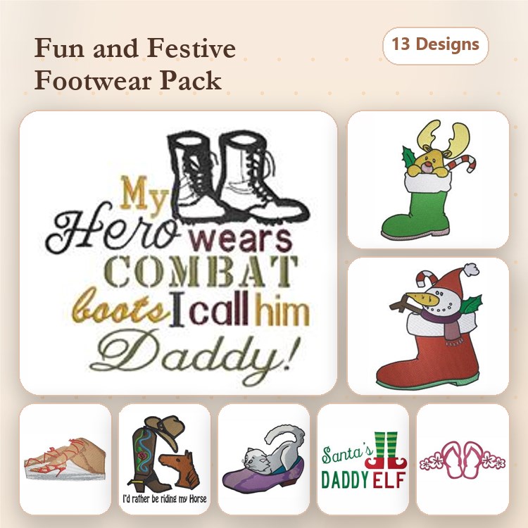 Footwear-Themed Embroidery Designs Bundle – Combat Boots, Santa Boot, Floral Shoe & More (13 Designs)
