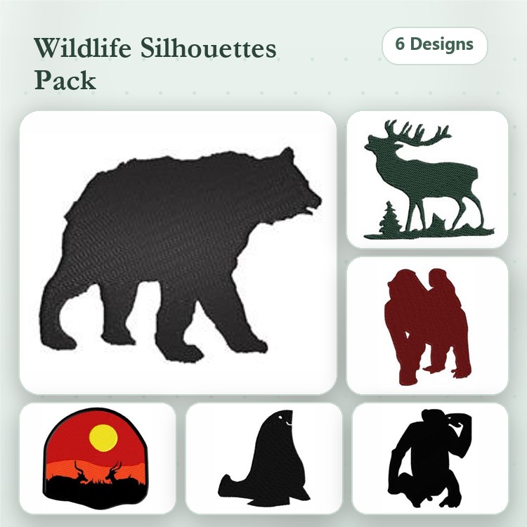 Wildlife Silhouettes Embroidery Designs Bundle – Bear, Moose, Two Apes & More (6 Designs)