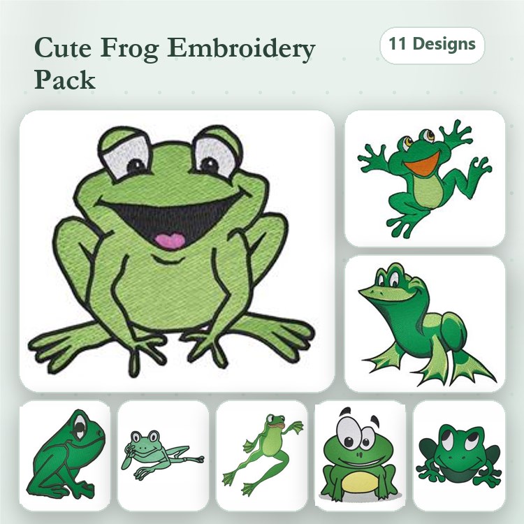 Cute Frog Characters Embroidery Designs Bundle – Happy Frog, Jumping Frog, Sitting Frog & More (11 Designs)