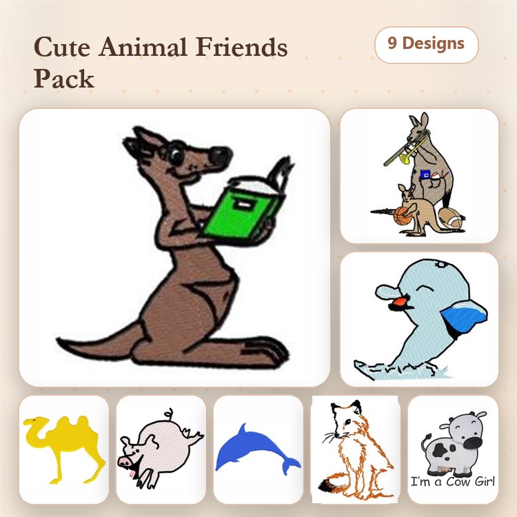 Cute Animal Embroidery Designs Bundle – Kangaroo Reading, Penguin, Dolphin & More (9 Designs)