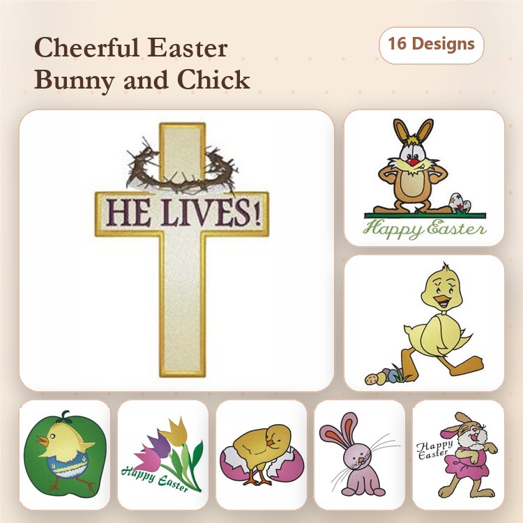 Easter Bunny & Chick Embroidery Designs Bundle – Easter Cross, Happy Easter Bunny, Chick Peeking from Egg & More (16 Designs)