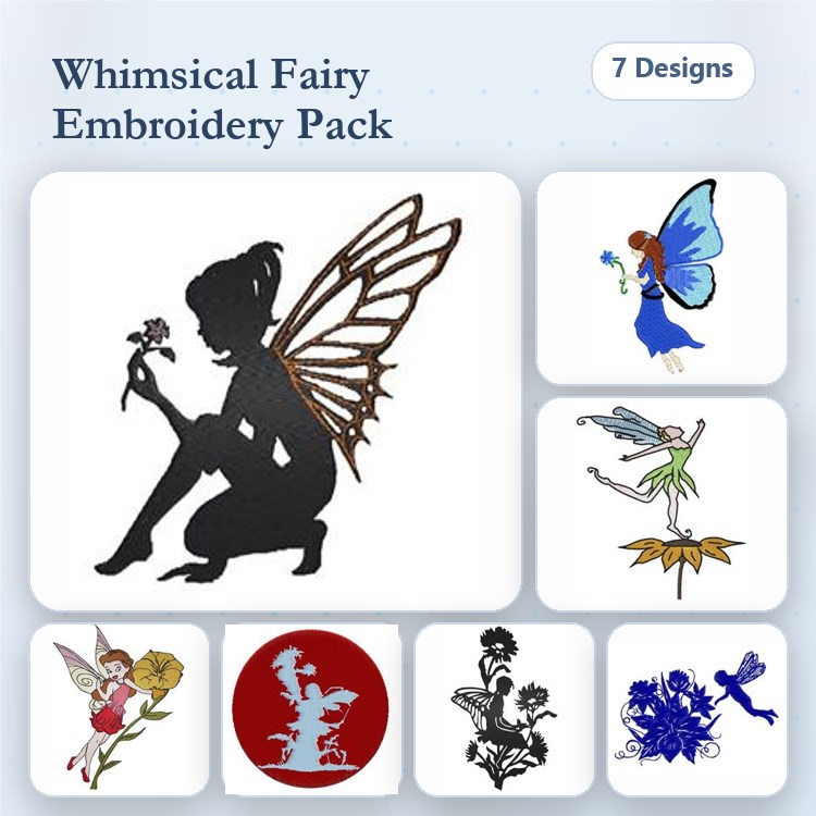 Fairy Embroidery Designs Bundle – Fairy Silhouette, Blue Fairy with Wings, Fairy Holding Flower & More (7 Designs)