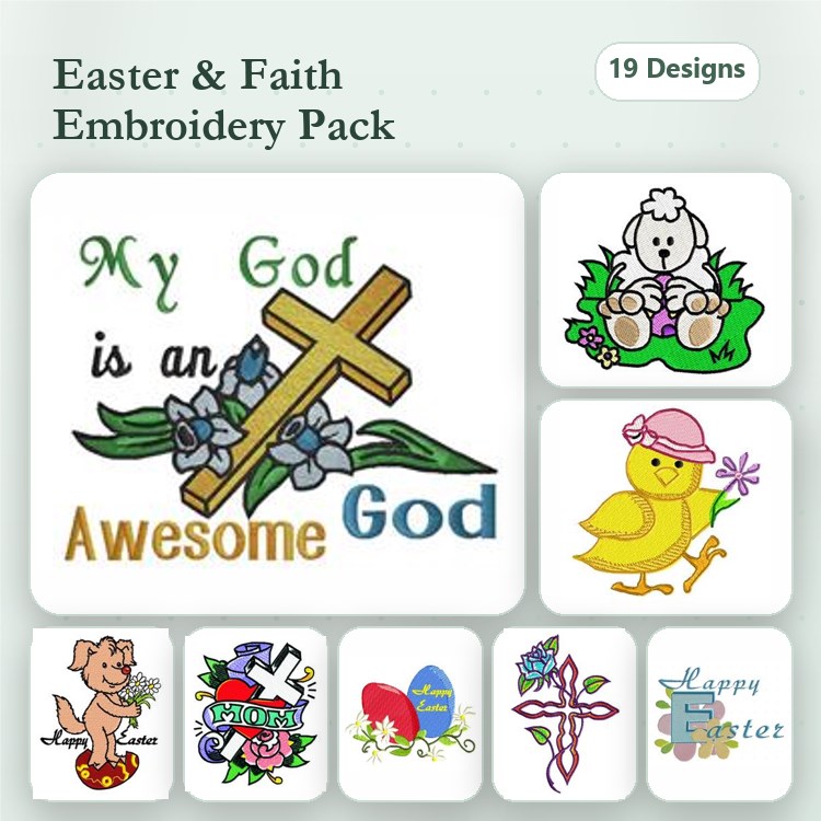Easter Themed Embroidery Bundle – Cross, Flowers & More (19 Designs)