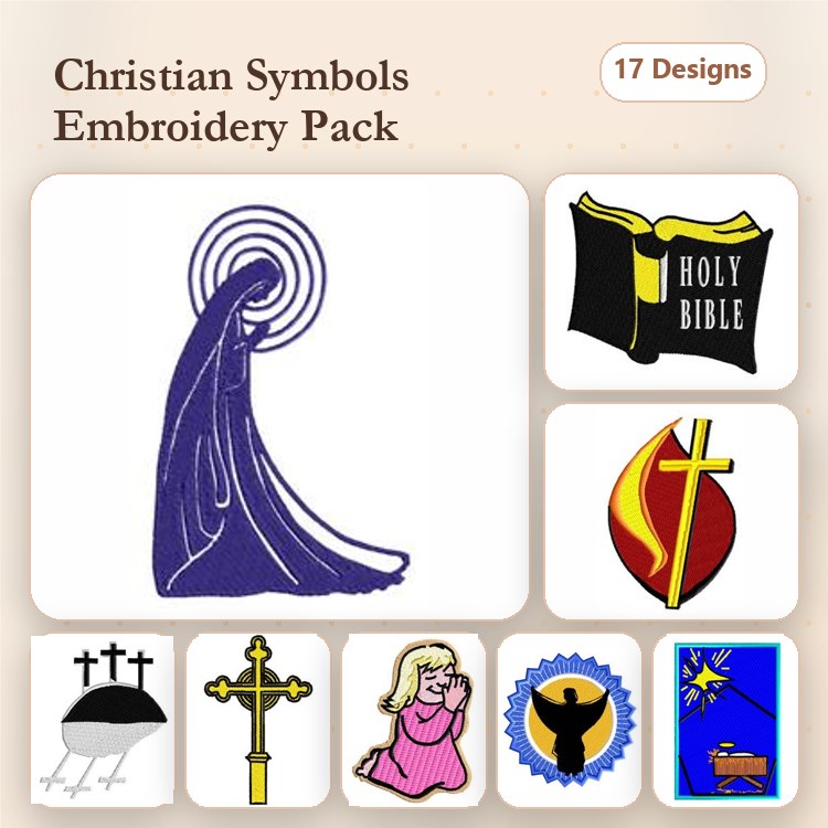 Christian Symbols Embroidery Designs Bundle – Virgin Mary, Holy Bible, Cross Symbol & More (17 Designs)