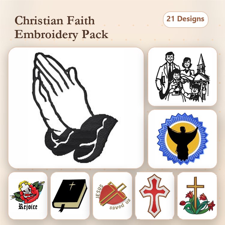 Christian Faith Symbols Embroidery Bundle – Praying Hands, Christian Cross, Bible & More (21 Designs)