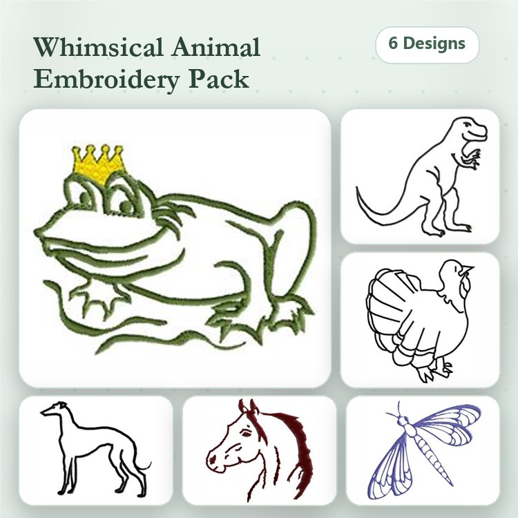 Dinosaur & Animal Embroidery Bundle – T-Rex, Turkey & More (6 Designs)