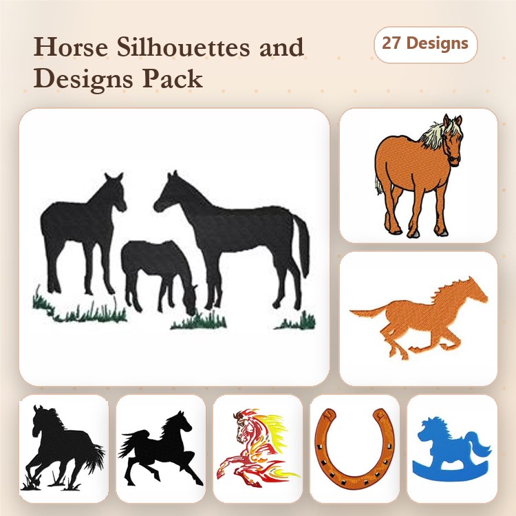 Horse Silhouette Embroidery Bundle – Standing, Trotting, Galloping & More (27 Designs)
