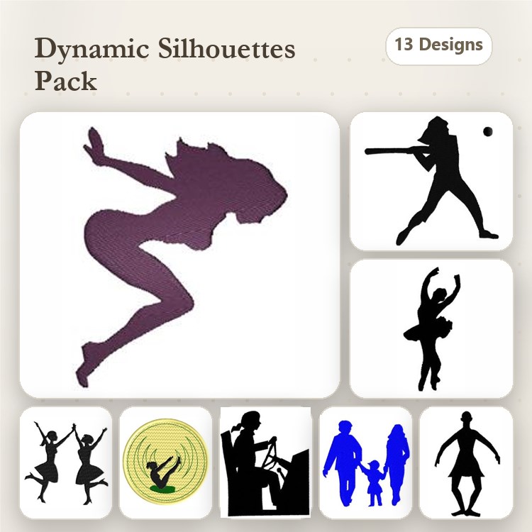 Dynamic Silhouette Figures Embroidery Designs Bundle – Dancer, Baseball Player, Drummer & More (13 Designs)
