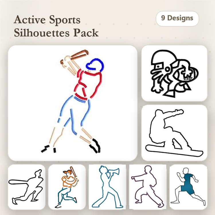 Redwork Active Sports Silhouettes Embroidery Designs Bundle – Baseball Player, Football Player, Snowboarder & More (9 Designs)