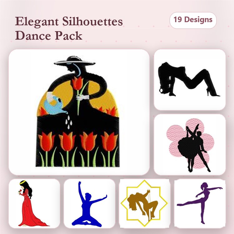 Elegant Dance Silhouettes Embroidery Designs Bundle – Dancer with Hat and Flowers, Ballet Dancer, Yoga Pose Dancer & More (19 Designs)
