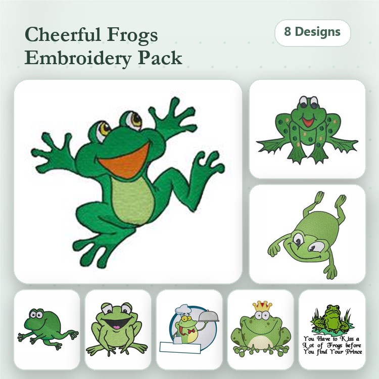 Cheerful Frogs Embroidery Designs Bundle – Jumping Frog, Smiling Frog, Cooking Frog & More (8 Designs)