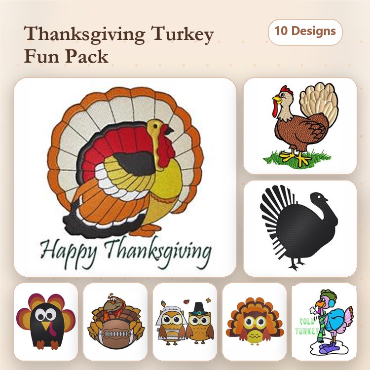 Thanksgiving Turkeys Embroidery Bundle – Colorful Feathers, Classic Turkey, Owl & More (10 Designs)