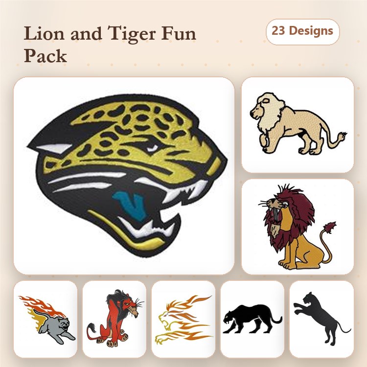 Wild Animal Embroidery Bundle – Roaring Lion, Tiger with Flames, Black Panther & More (23 Designs)