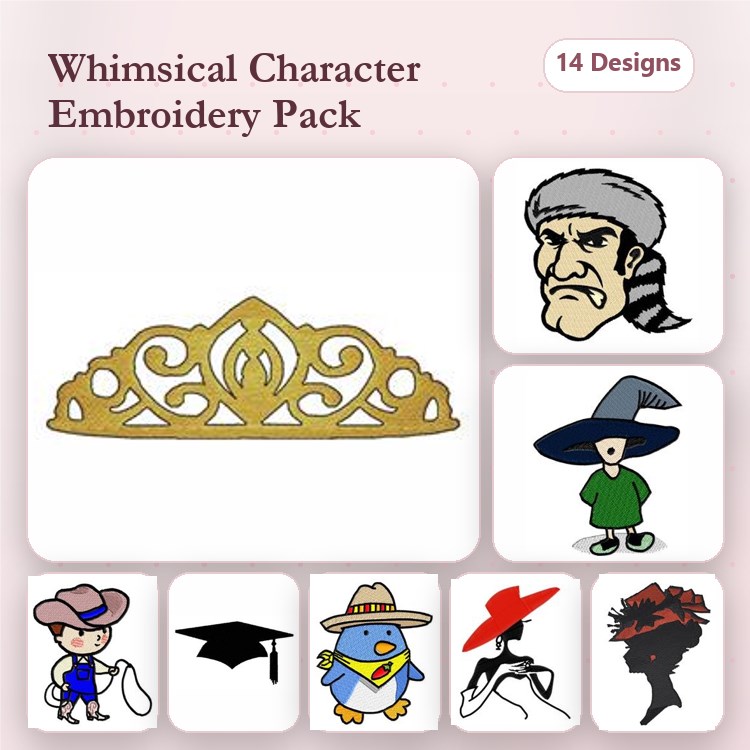 Whimsical Characters Embroidery Bundle – Tiara, Cowboy, Graduate Cap, Duck & More (14 Designs)