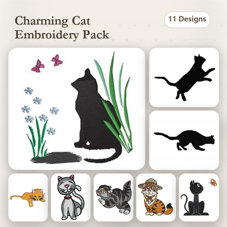Charming Cat Embroidery Designs Bundle – Silhouette Cat, Cat with Butterflies, Tabby Cat & More (11 Designs)