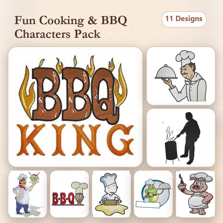 BBQ Characters Embroidery Designs Bundle – BBQ King Graphic, Chef with Grill, Grill Master & More (11 Designs)
